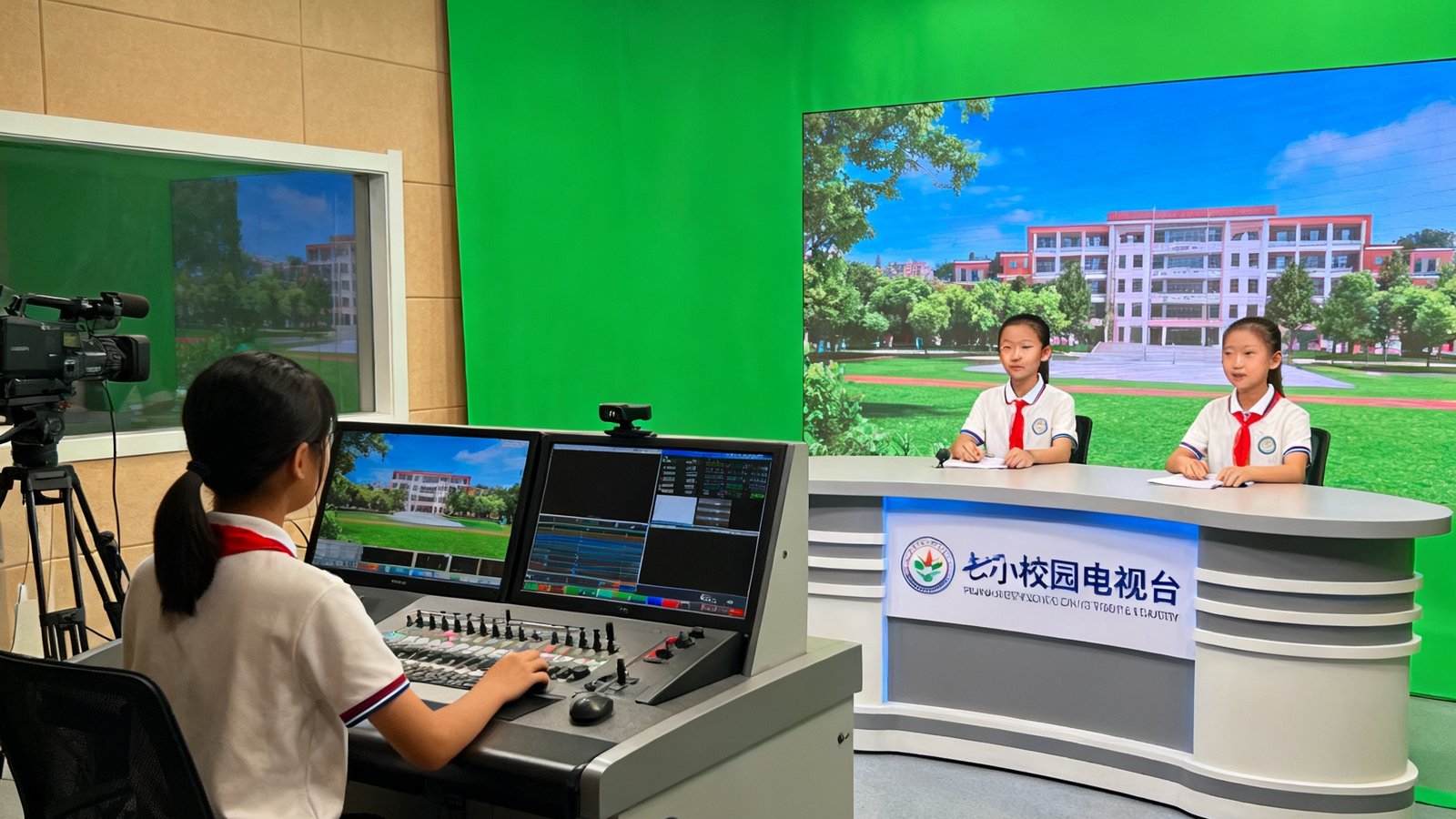 中关村三小校园电视台演播室内，两名学生主持人坐在主播台前录制校园新闻，身后绿色幕布上实时合成出校园风光虚拟背景，左侧导播间内学生导播正在切换画面