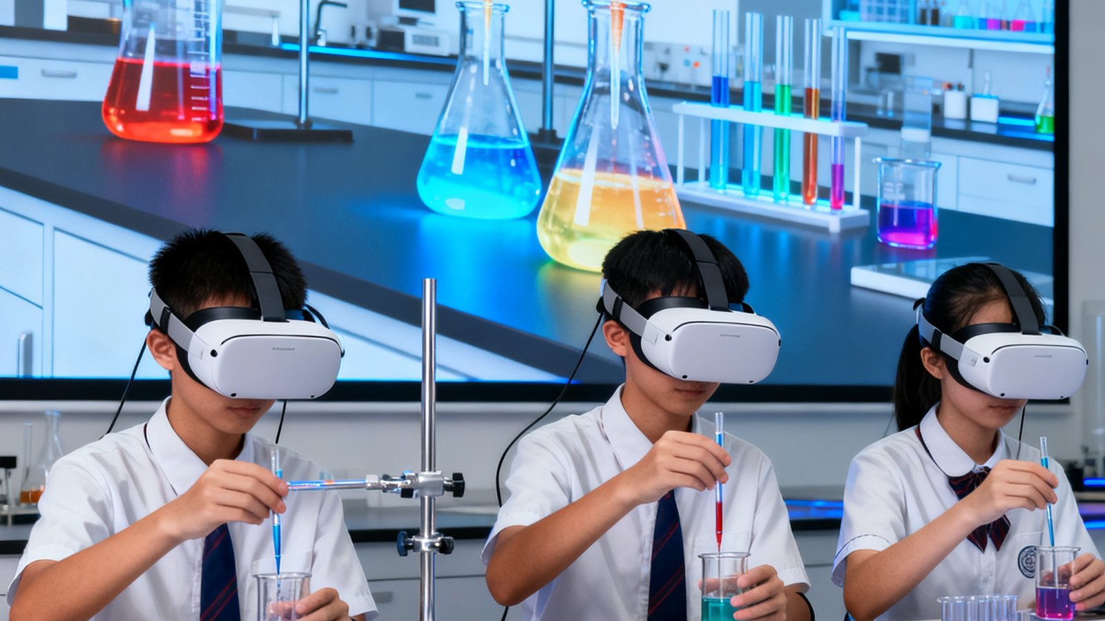 三名高中学生佩戴VR头显设备，在DB视讯虚拟仿真实验视讯平台上进行化学滴定实验操作，背后大屏幕实时同步显示虚拟实验室中的烧杯、滴定管和颜色变化效果