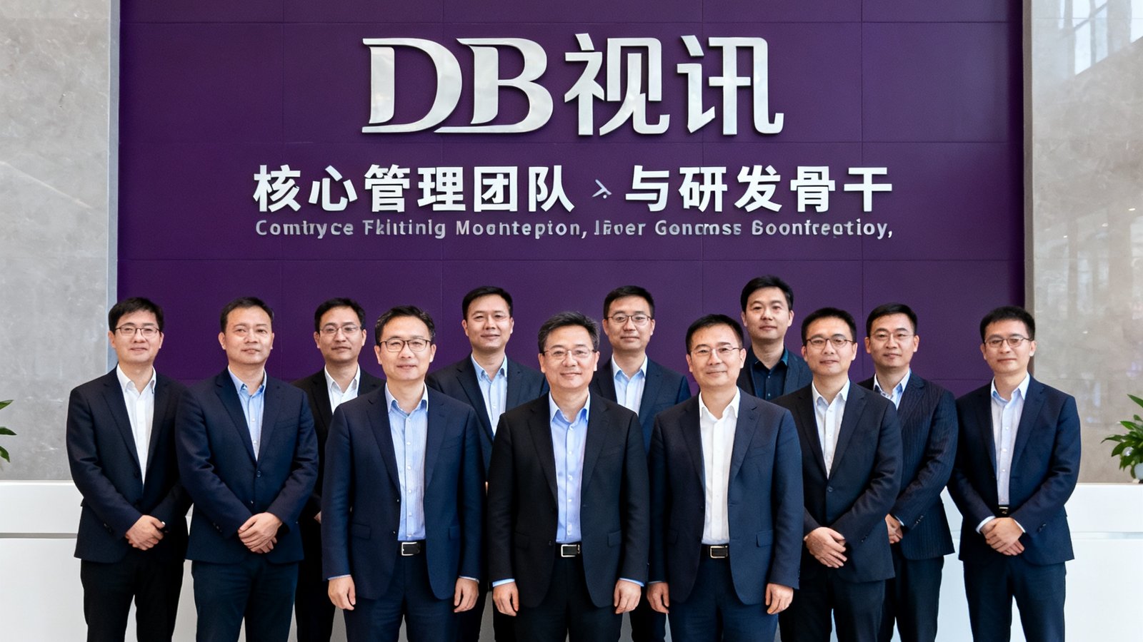 DB视讯核心管理团队与研发骨干在深圳总部Logo墙前合影，前排为三位联合创始人，后排为各技术部门负责人，共15人，背景为公司深紫色品牌墙